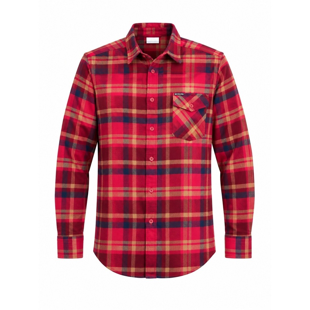 Columbia Men's M Long Sleeve Red Tan Blue‎ Plaid Button-Up Flannel Shirt